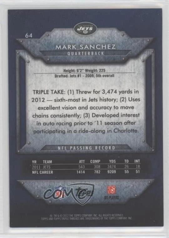 2012 Topps Triple Threads Sapphire /25 Mark Sanchez #64 - Image 2 of 2