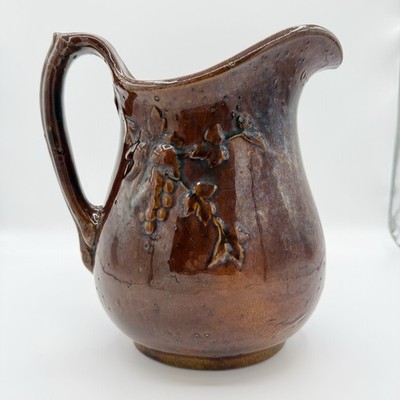 Antique Rockinghamware Stoneware Pitcher Grape Motif Brown Glaze c.1870 1900