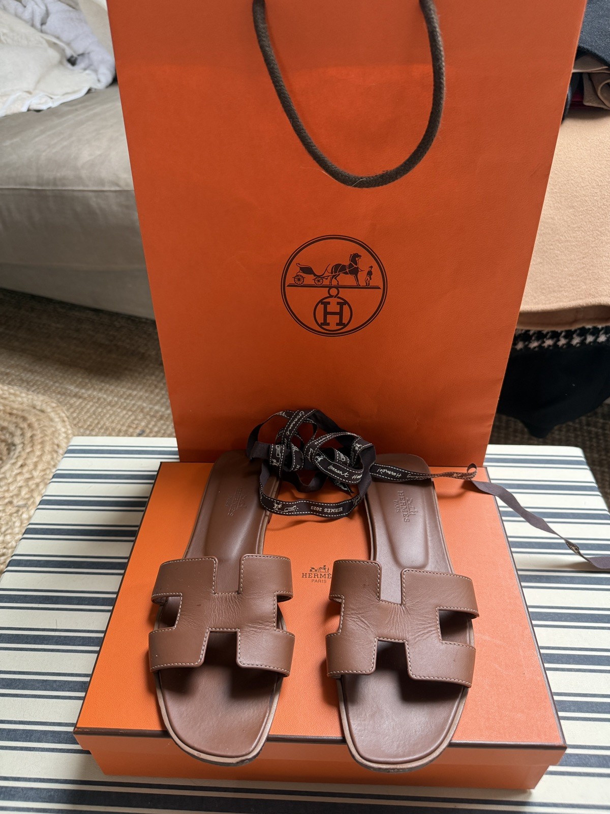 Hermes Oran Gold Sandal 37.5 Excellent Condition With Original Receipt