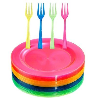 200pcs neon plates includ 100pcs Plastic Forks 100pcs Neon Party Plates Color...
