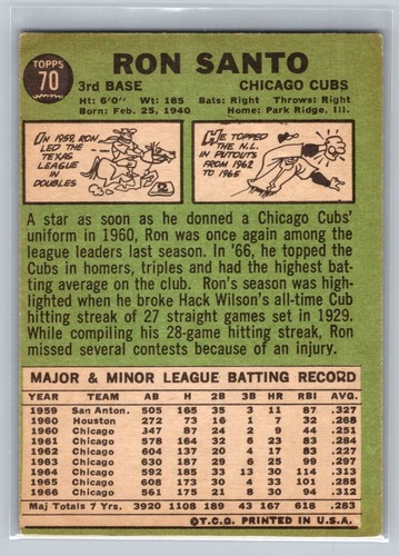 Ron Santo 1967 Topps #70 Chicago Cubs VG (O/C) - Picture 2 of 2