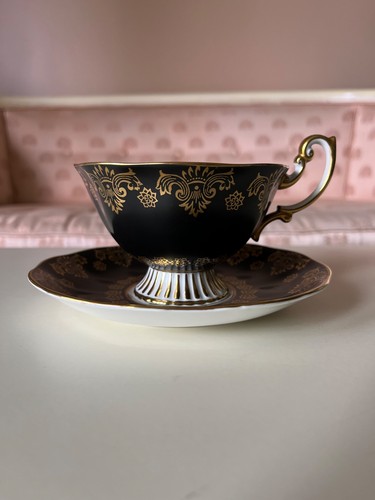 Vintage Royal Albert PINK ROSES auf SCHWARZ mit GOLD Fleur D' Lis TASSE/UNTERTASSE - Bild 10 von 24