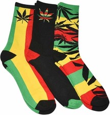 Weed Socks for Men and Women, Rasta Socks, Pot Leaf Socks, 3 Pairs, Size 6-12.5