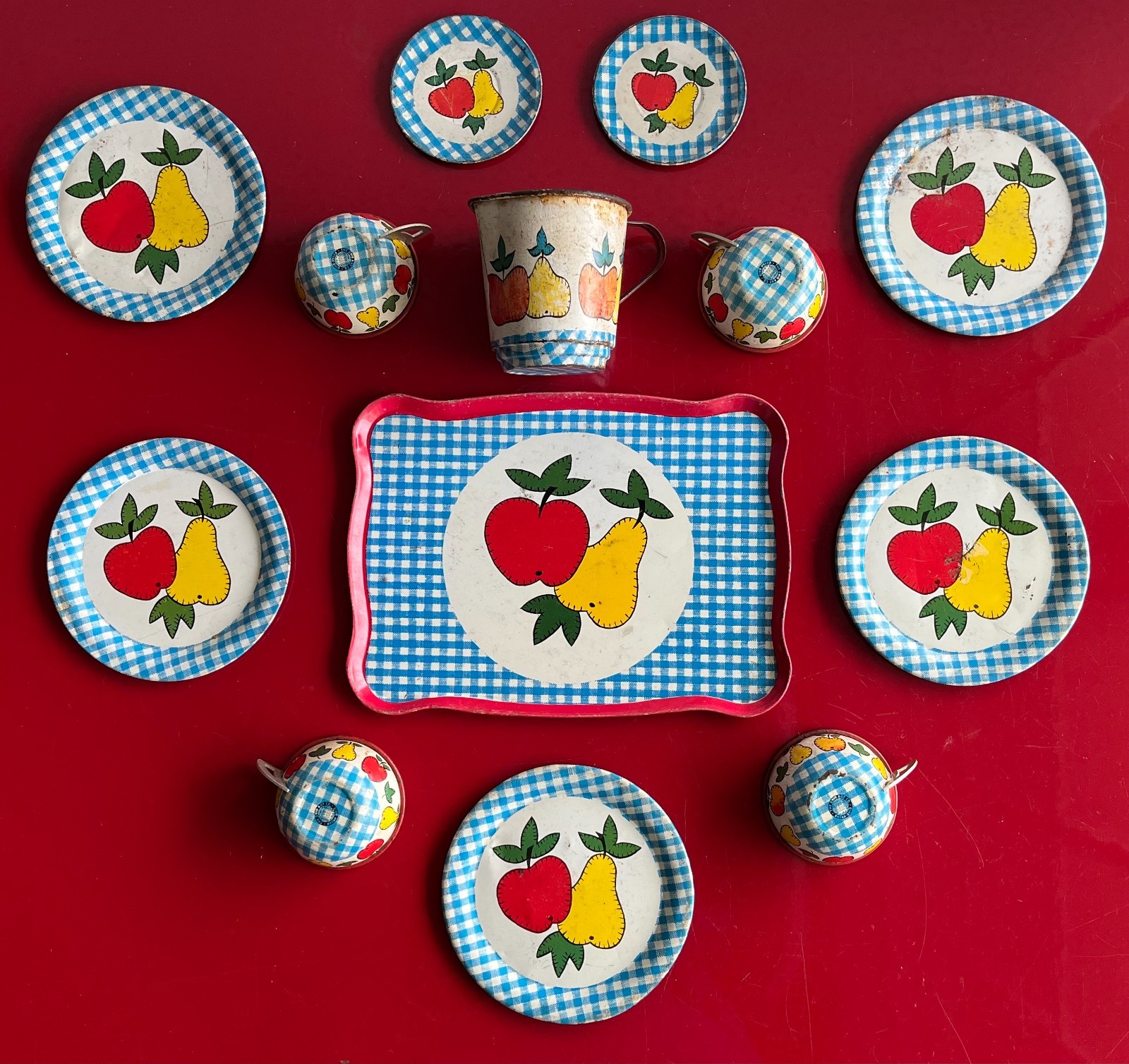 Vintage Ohio Art Co Tin Litho Child's Tea Set FRUIT APPLES PEARS ~ 13 Pieces