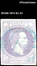 SPAIN 1874 SC X3 KING CARLOS VII VIOLET 1r USED FINE