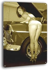 Work Heels Pinup Girl Sexy Hot Rod Car Garage Man Cave Decor Tin Metal Signs Fun
