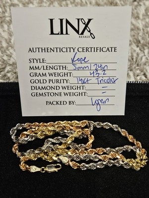 Linx/Jacoje 5mm D/C TRI Color Rope Chain 24” inch 14k yellow white