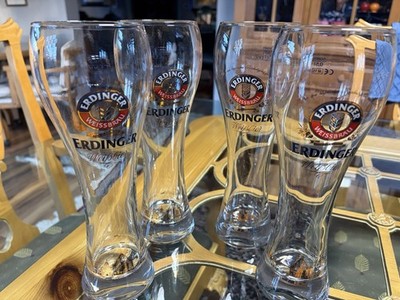 4 ERDINGER WEISSBRAU BEER GLASSES  20 OZ AUS BAYERN .5L / 9.75 TALL Gold Etching