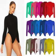 NEW WOMENS LADIES LONG SLEEVE PLAIN HIGH TURTLE NECK BODYSUIT LEOTARD  TOP 