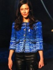 CHANEL 18C NEW TWEED Blue Ecru JACKET BRAIDED TRIM GOLD CC Button FR40- FR38 $9K