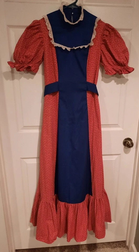 Vestido Pradera Años 70 Manga Abullonada Rojo/Naranja Ditsy Floral y Azul Marino, Busto 36" Foto 3 de 4