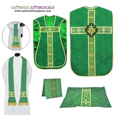 New Green Chasuble Fiddleback Vestment & mass set of 5 pc,Vestment fiddleback