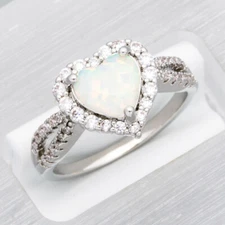 7x8 Heart White Fire Opal Silver Jewelry Women Engagement Ring Size 6 7 8 9 10