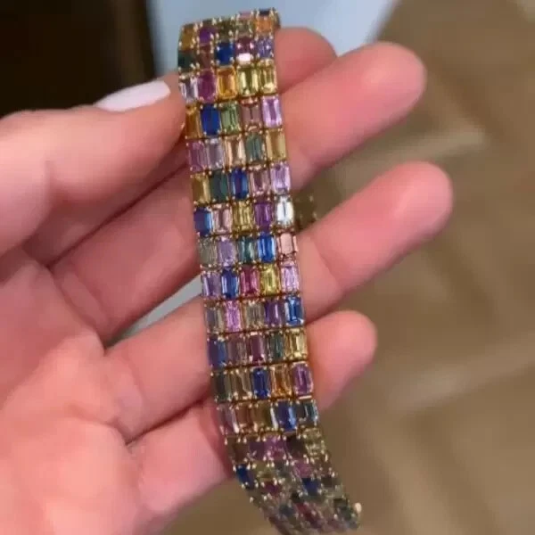 Brazalete distintivo de cinco filas de zafiro multicolor creado en laboratorio de 34 quilates de plata 925 Foto 4 de 4