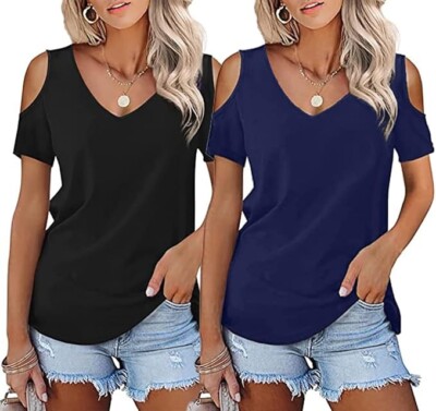 Damen Frauen T-Shirts Tops Tees Größe M Kurzarm Oberteil V-Ausschnitt Cold Shoulder
