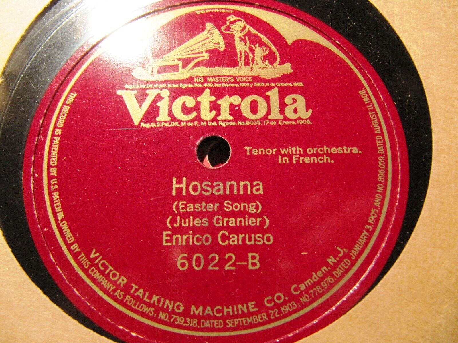 1912 Enrico Caruso French Easter Hymn Granier HOSANNA Faure Les Rameaux VIC 6022