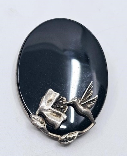 Rare Robert Larin Vintage Onyx and Sterling Brooch with Humming bird Oval 2 inch - Picture 6 of 7