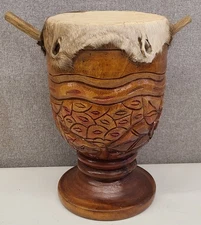 Djembe Drum African Hand Carved W/ 7" Goat Skin Head Height 12"