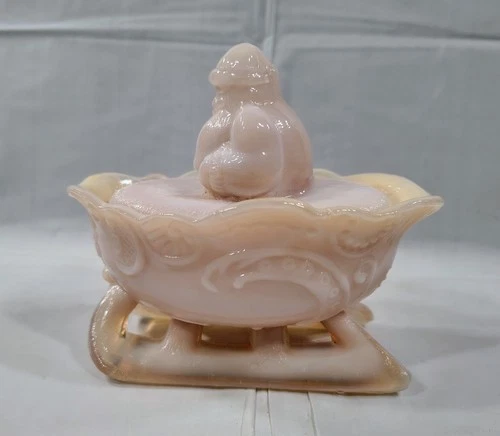 Vtg Westmoreland Santa on Sleigh Pink Milk Glass Slag Glass Christmas Candy Dish