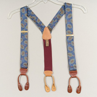 #ad Vintage Trafalgar Silk Suspenders Blue Paisley Leather Button Style Braces 90#x27;s $39.95