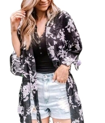 Spiritual Gangster Robe Womens OS Maya Floral Kimono Tie Front Black Pockets