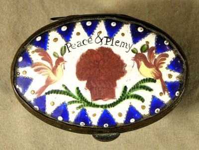 Georgian Bilston/Battersea Enamel Patch Box with Birds,Wheat Sheaf PEACE &PLENTY
