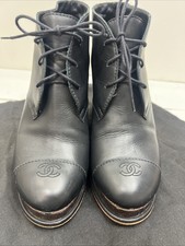 Chanel Boots 40.5 Platform Lace Up Loafer Bootie CC Logo Cap Toe Cork Derby Heel
