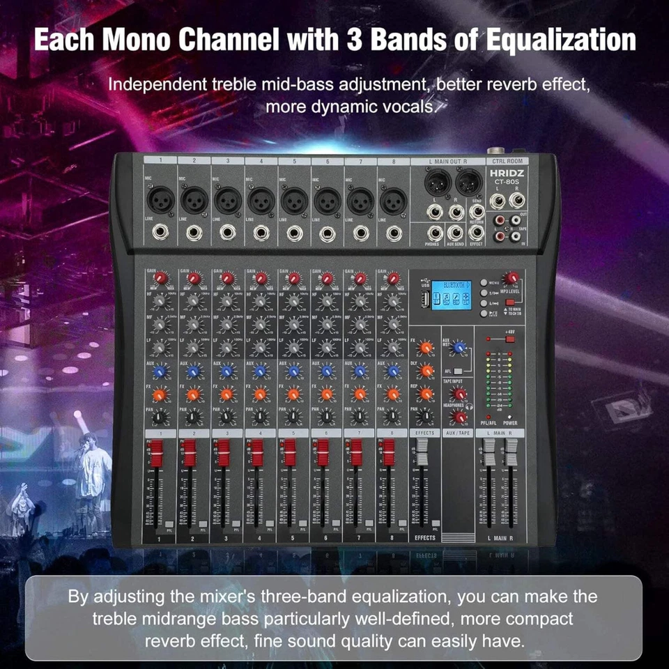 Hridz 8 Channels Bluetooth Audio Mixer DJ Karaoke Live Studio Mixing USB Console - Image 4 of 4