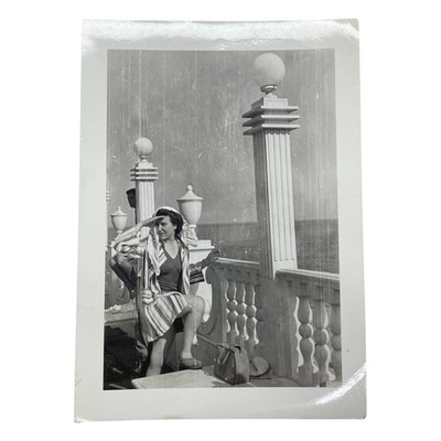 Vtg Seaside Photo Woman on Bench Columns B&W Snapshot Resort Architecture