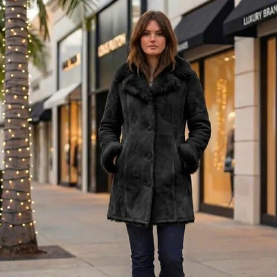 Handmade Women Shearling Suede Coat, Fur Lined Warm Winter Mid length Outerwear