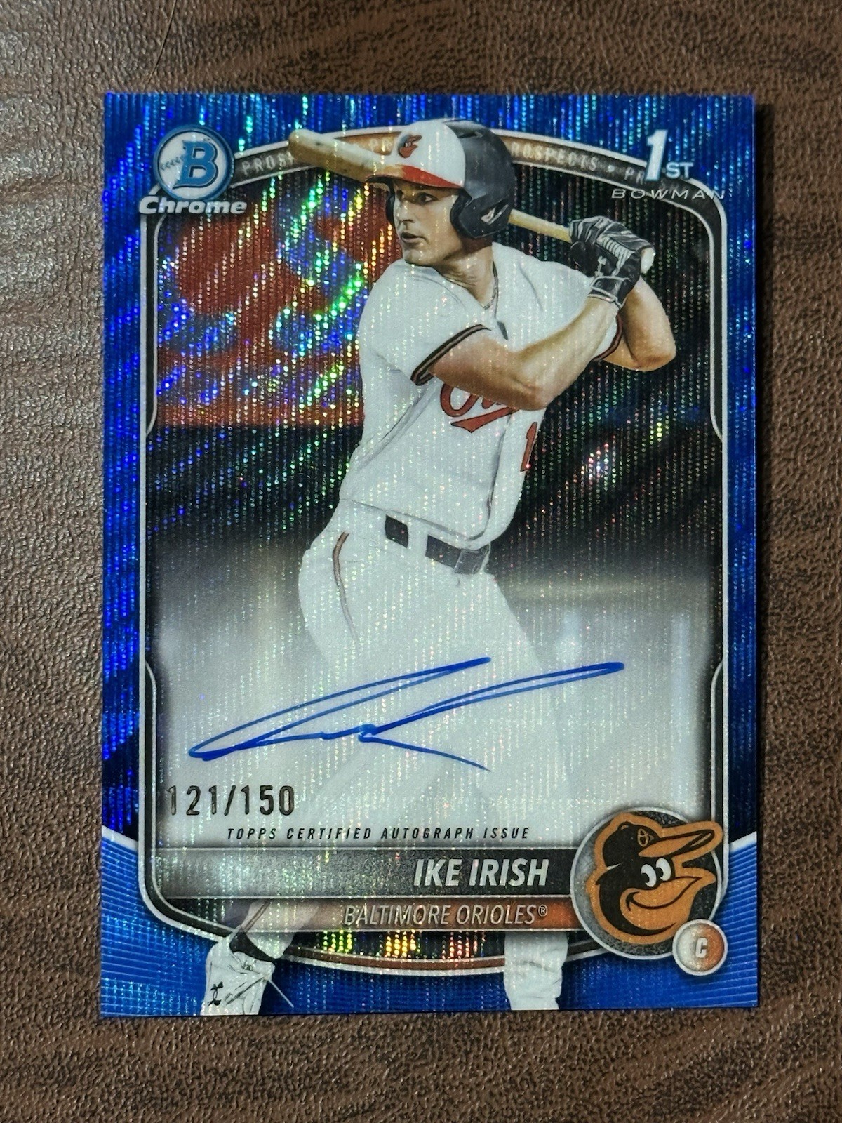 2025 Ike Irish Bowman Draft Chrome 1st Blue Wave Auto /150 Orioles