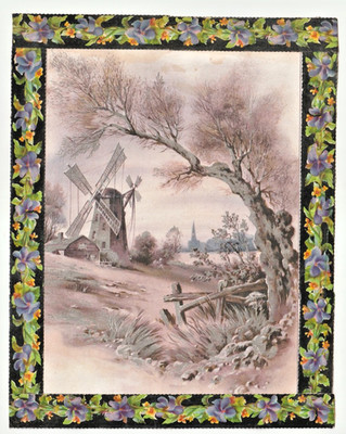 Große Oblate Chromo Mühle Kirchturm Landschaft Baum Herbst Umrandung  17cm