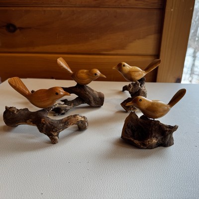 Set Of 4 Handcrafted carved wood bird on driftwood