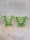 Vintage Indiana Glass Tea Room Sugar Creamer Set Green Depression Uranium Glows