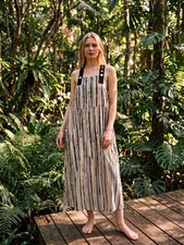 Darkwin Striped Maxi Cotton Dress with Black Buttoned Straps Size 1X