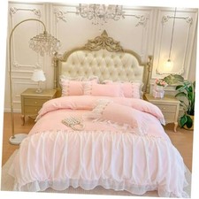 Bedding-Romantic Ruffle Lace Bedding Set 3 Piece Comforter Duvet Queen Pink