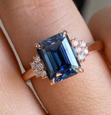 Blue Sapphire Engagement Ring Cluster Emerald Cut CZ Diamond Wedding Ring