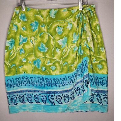Vintage Intriguing Threads Tropical Paisley Wrap Skirt 12 Side Tie Green/Blue
