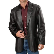 Men's Black Genuine Soft Lambskin Leather Blazer TWO BUTTON Coat Blazer