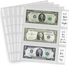 50 Pack 3-Pocket Binder Currency Sleeves for Collectors Bills Banknotes Coupons