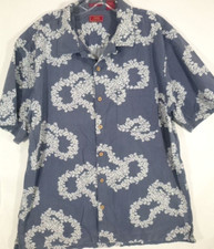 IZOD-Mens Hawaiian Shirt-Large-Blue Floral-Casual Button Down-Short Sleeve