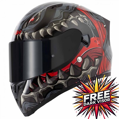 VCAN H128 FULL FACE MOTORCYCLE HELMET DUAL VISOR SUN VISOR SKULL TITAN  GREY RED