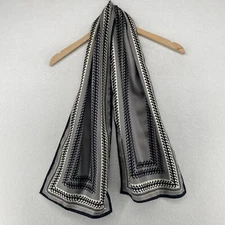 ADRIENNE LANDAU STUDIO Scarf Silk Satin Bandana Wrap Houndstooth Gray 11" x 54"
