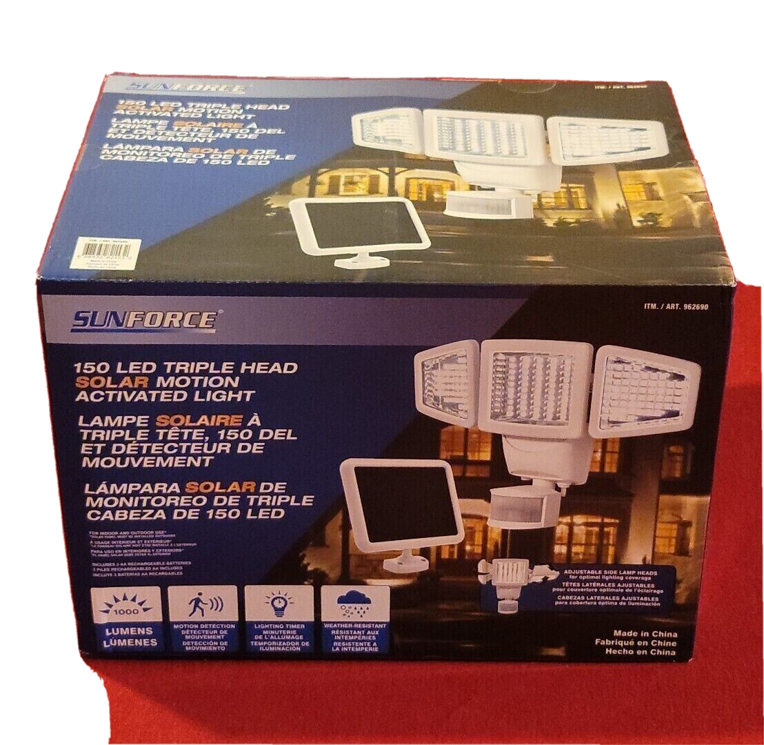 NEW SUNFORCE 150 LED TRIPLE HEAD SOLAR MOTION ACTIVATED LIGHT 1000 ...