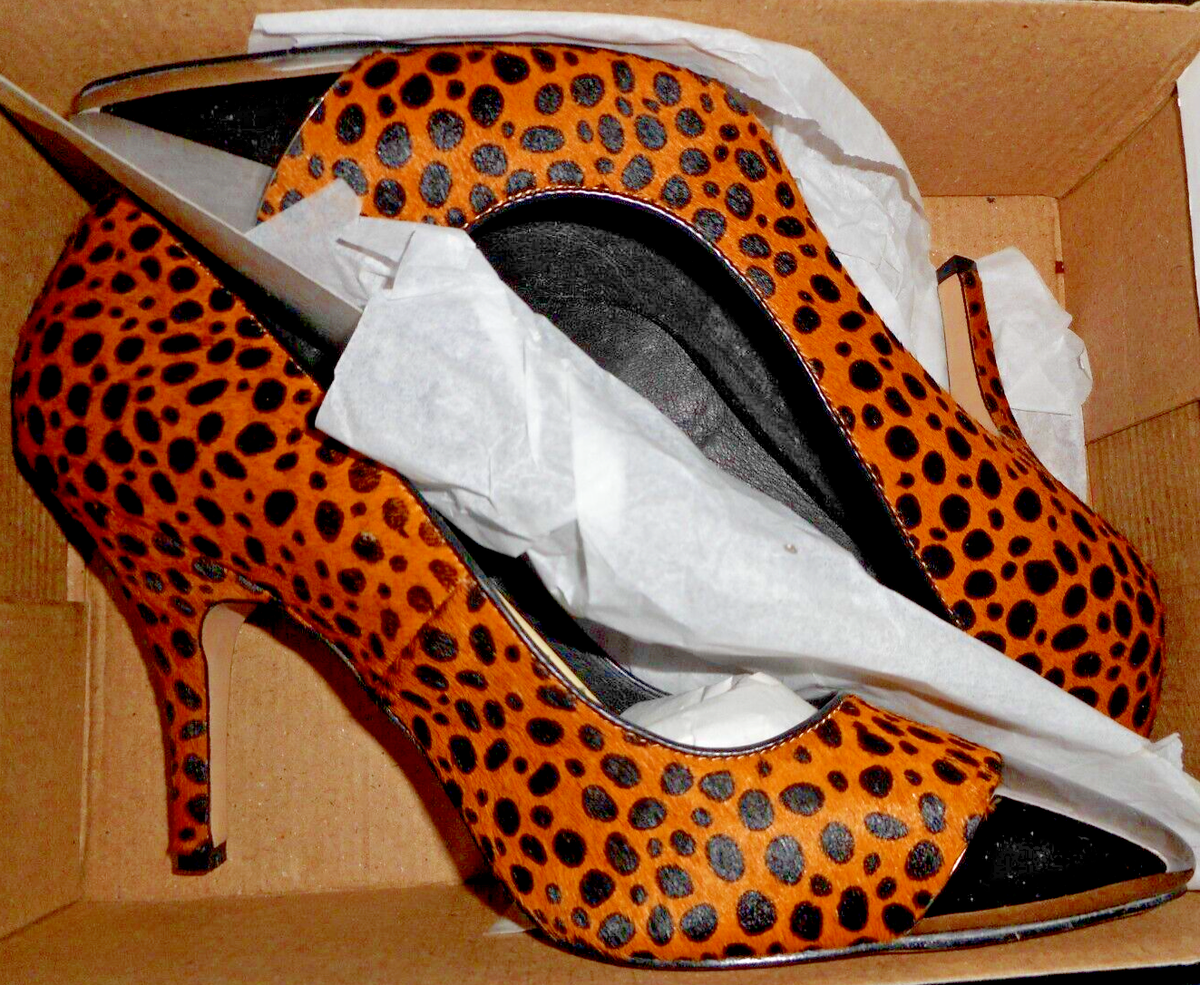 NEW TOPSHOP Gabbi LEATHER Heels Leopard ANIMAL Print COURT METAL Silver Toe  41