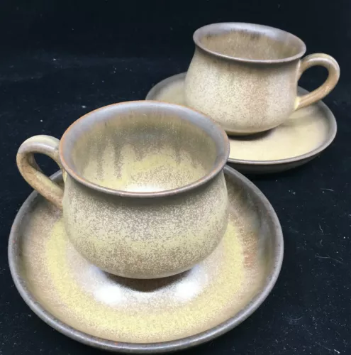 2 Flat Cup Saucer Sets Romany Brown Denby England Stoneware Drippy Glaze 19612