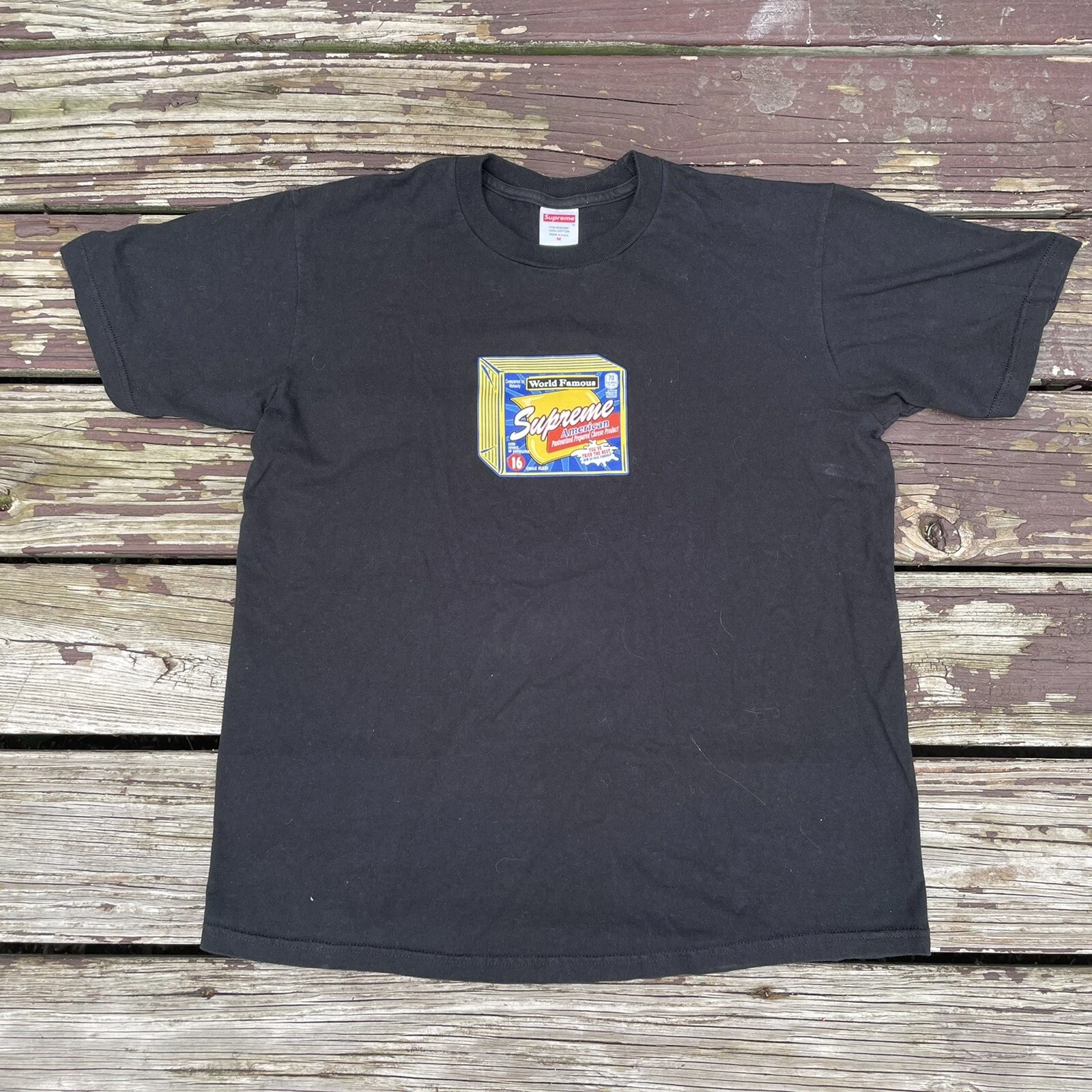 Chemise Supreme Cheese FW19 American Singles Skater Hype logo boîte bleu USA moyen