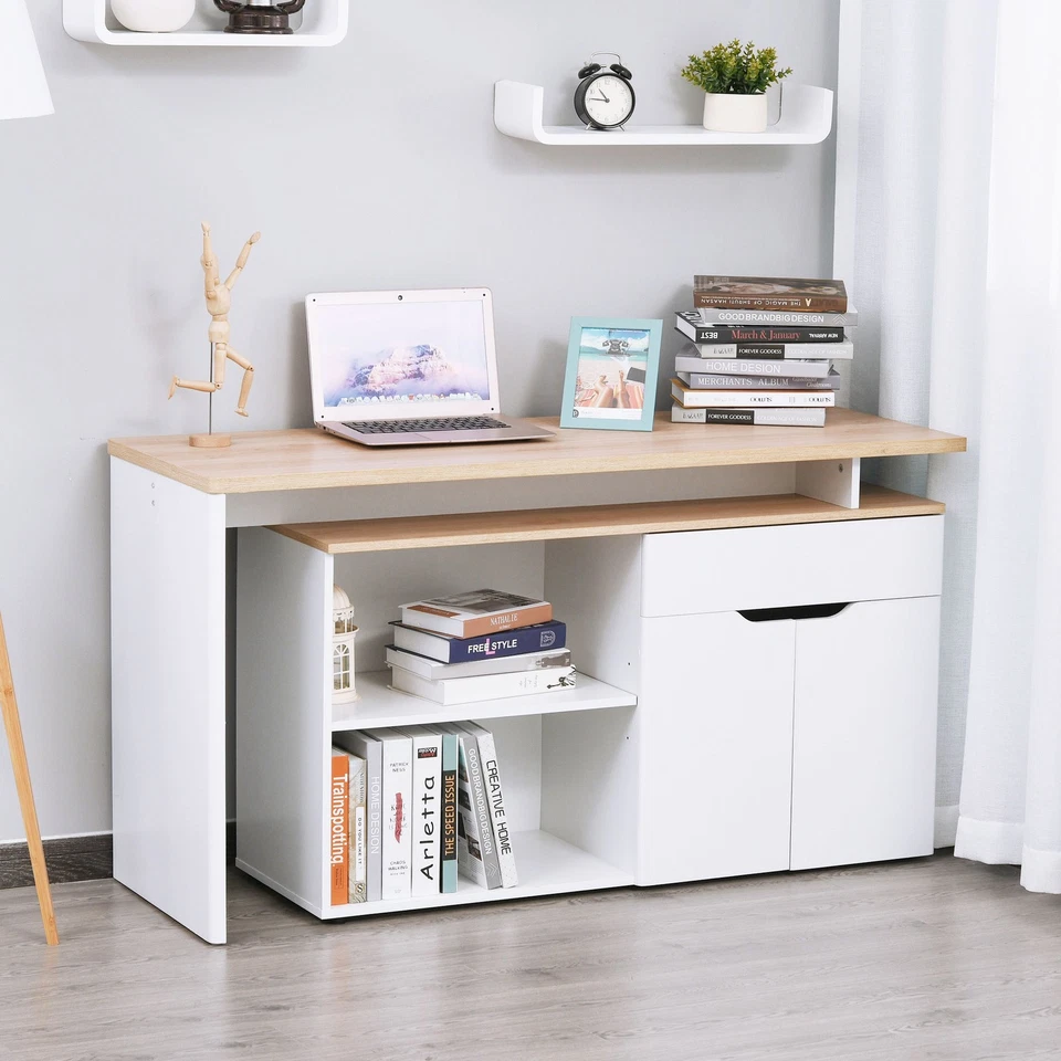 HOMCOM Scrivania Angolare con Piano Estraibile e Libreria color Legno e Bianco - Immagine 2 di 4
