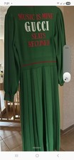 Gucci Green Long Sleeve Tie Neck Pleated A-Line Dress Red Accents