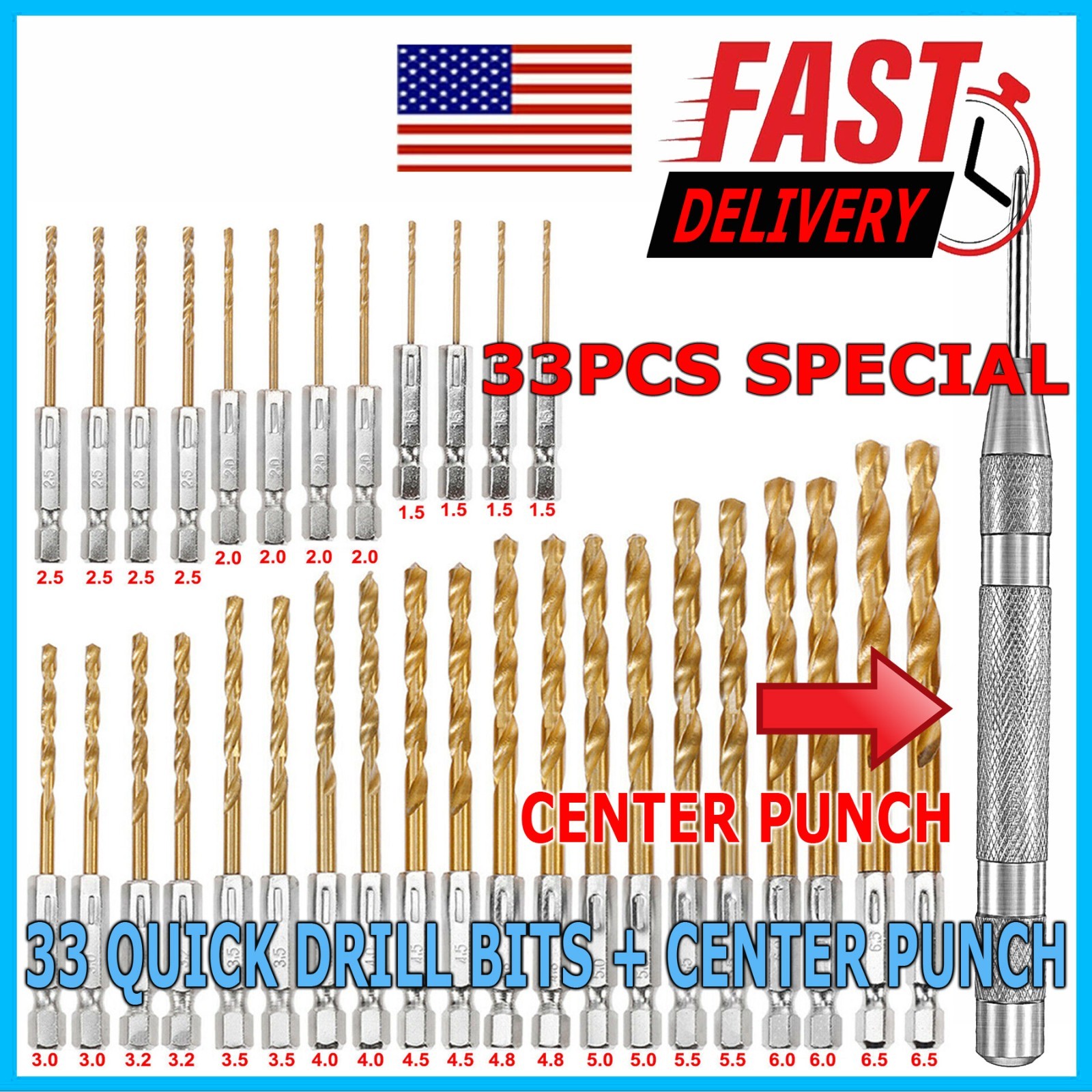 32PCS Drill Bit Set Titanium Coated HSS High Speed Steel Hex Shank Quick Change